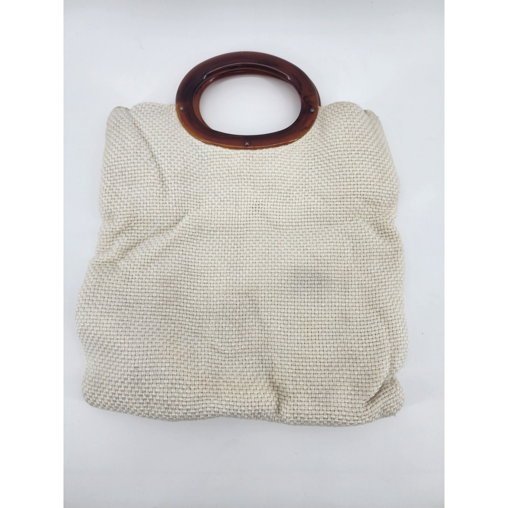 Vintage Woven Burlap‎ Handbag Cream with Tortoise Shell Lucite Ring Handles